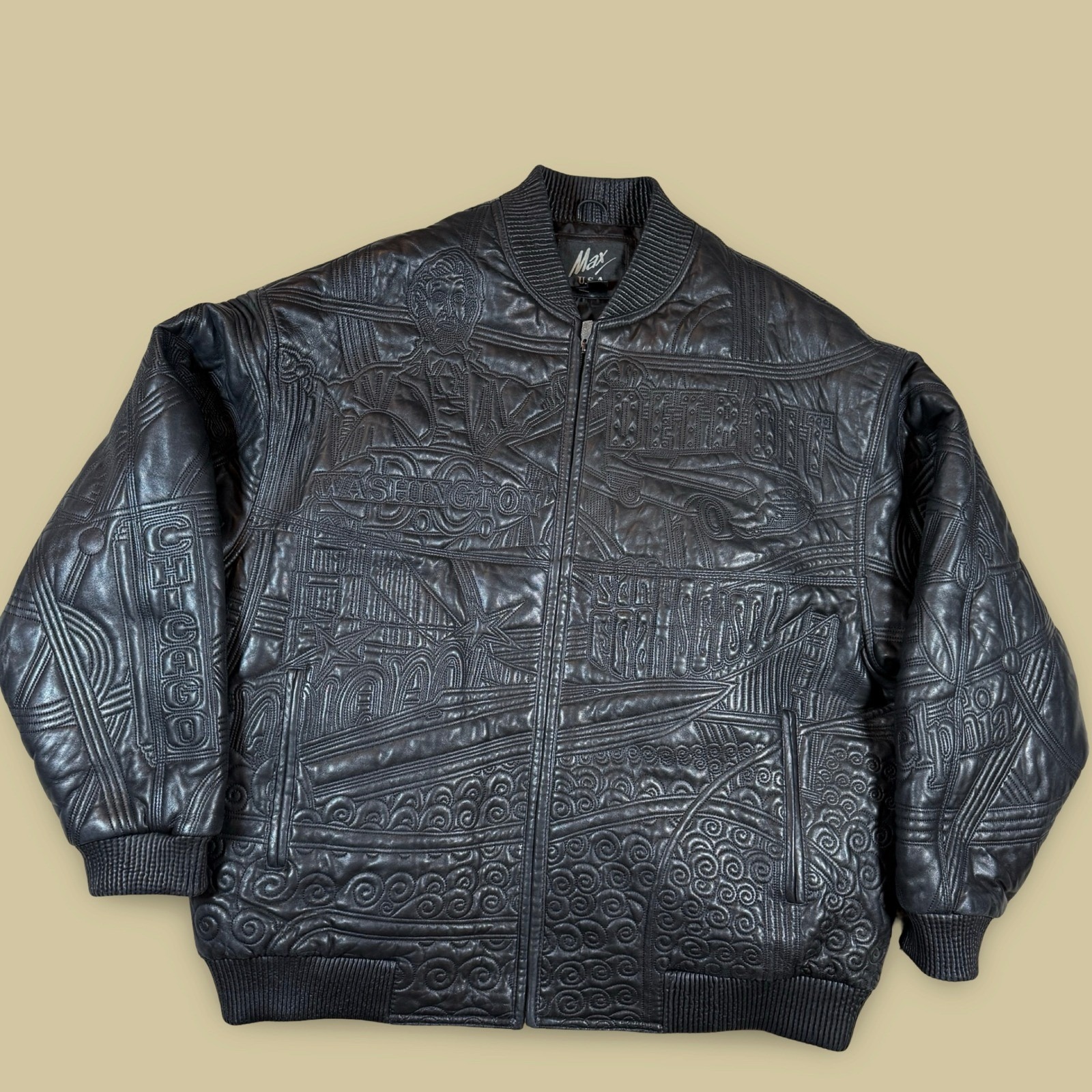 Vintage Max Usa Embossed Leather Jacket 3xl Hip Hop Y2k Biggie Nyc Italy Lamb